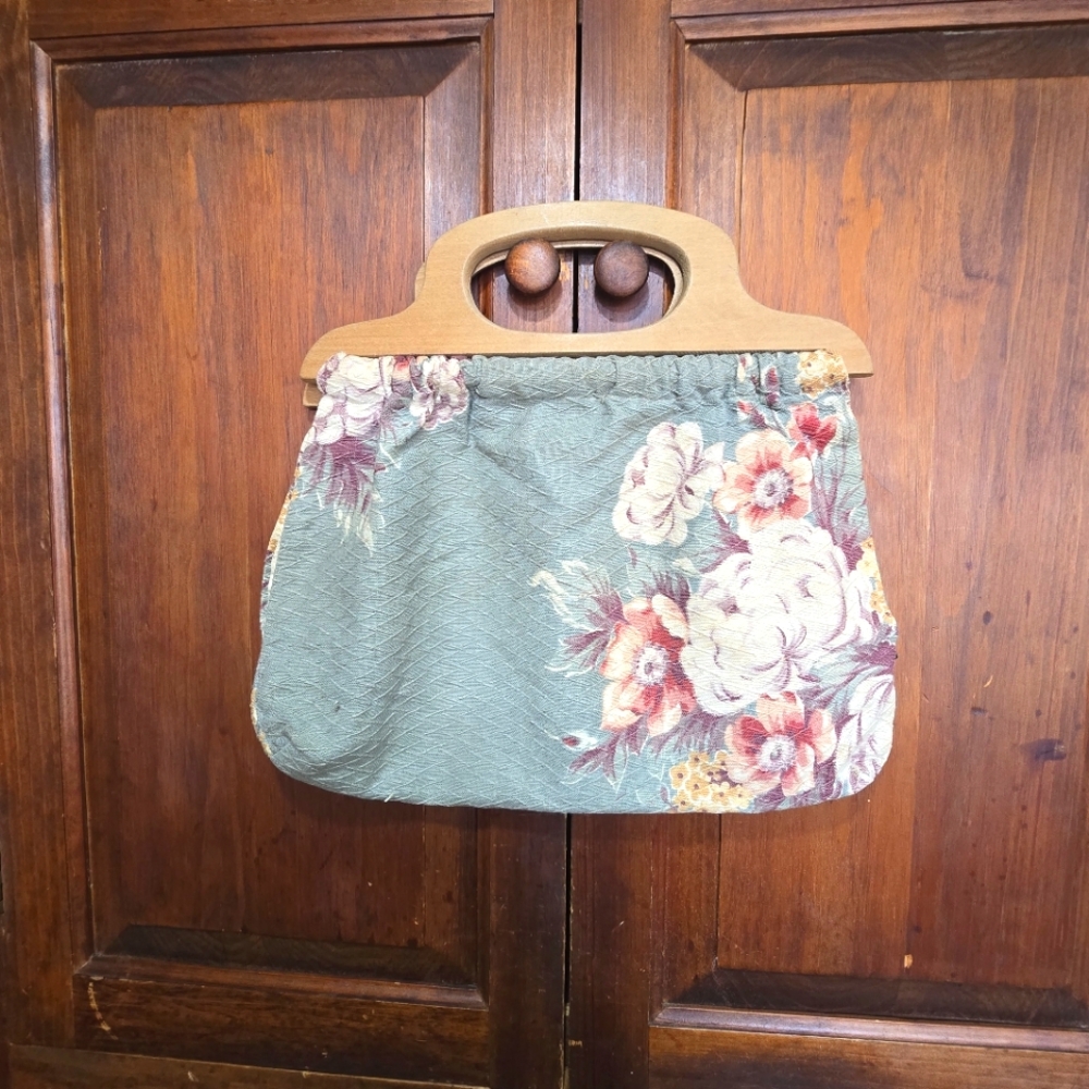 Vintage Handmade Sage and Pink Floral Bag with Wooden Handels